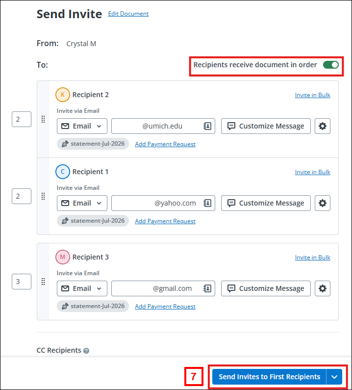 Recipients receive document in order toggled on